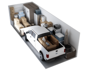 5x5 Storage Unit with various size cardboard boxes arranged in tall stacks